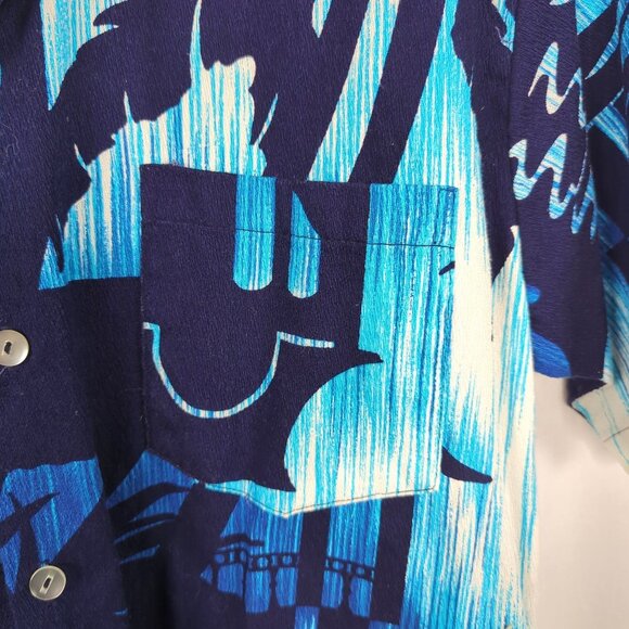 Vintage Hukilau Fashions Hawaiian Shirt Small Blue Barkcloth - Picture 5 of 7